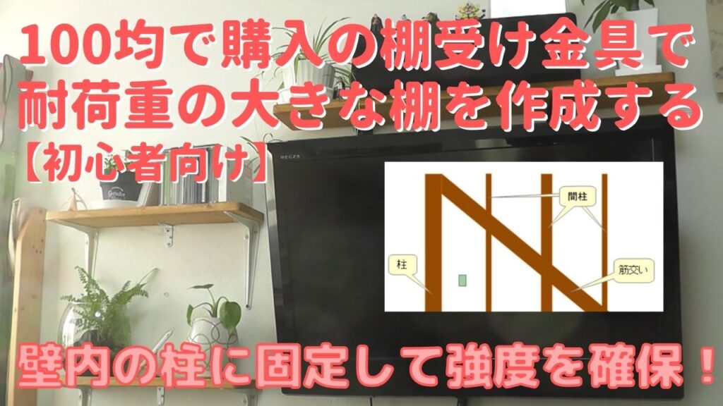 100均の棚受け金具を間柱に固定して耐荷重の大きい棚をDIYする