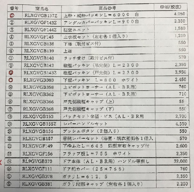 Panasonicハイ・パーツショップから送られてきたユニットバスの部品価格表