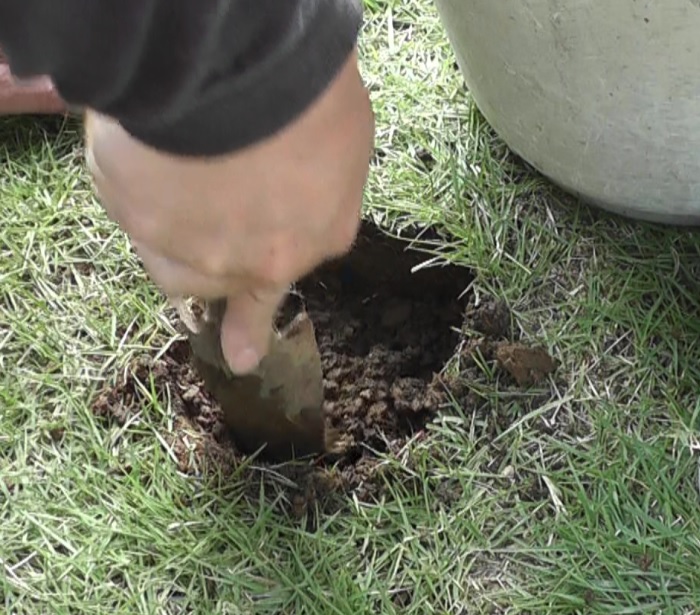 剥がした芝生の下の床土を新しい土に入れ替えるため、今の床土をすべて掻き出します