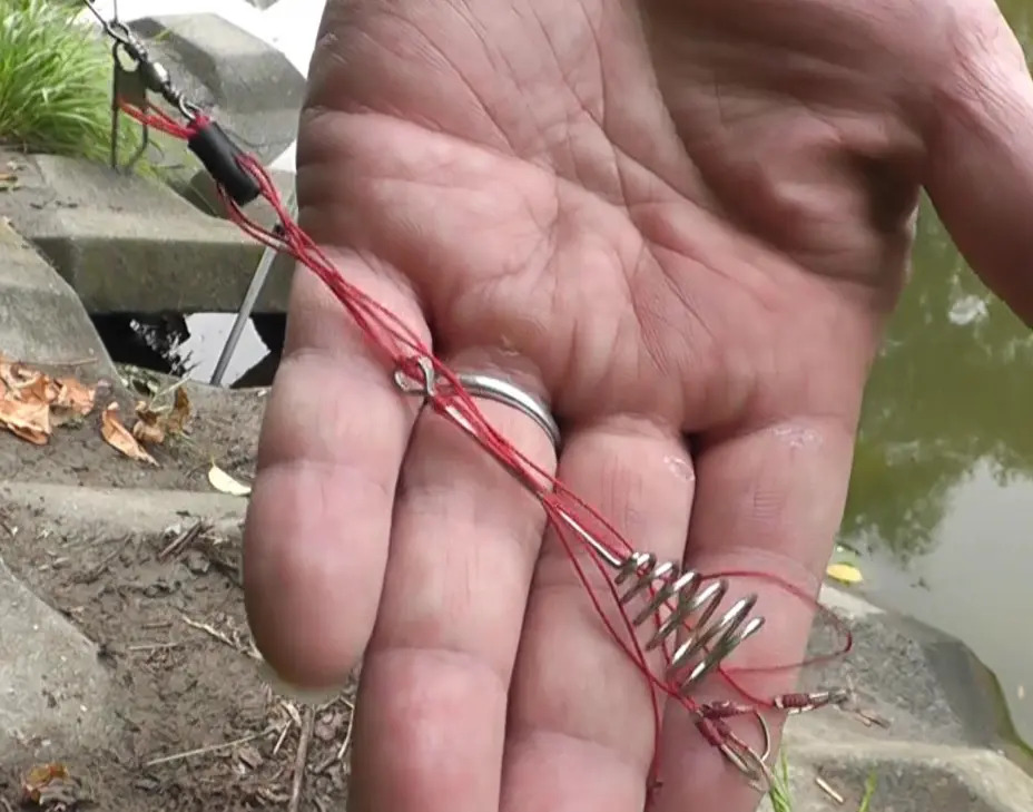 鯉釣りに使用する吸い込み仕掛けには練り餌を巻き付けるらせん状の針金と練り餌に仕込む針、食わせ餌を付ける針が付いている