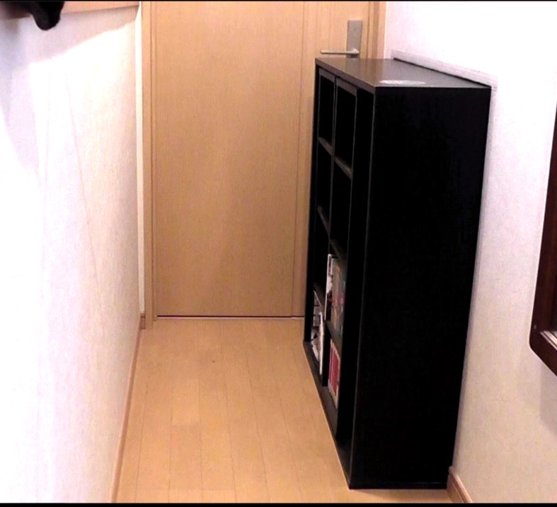廊下に設置した本棚の一部を壁に埋め込んで通行スペースを確保する