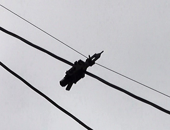 東京電力による鳥よけ対策工事で電線に張ったワイヤーを固定する固定具