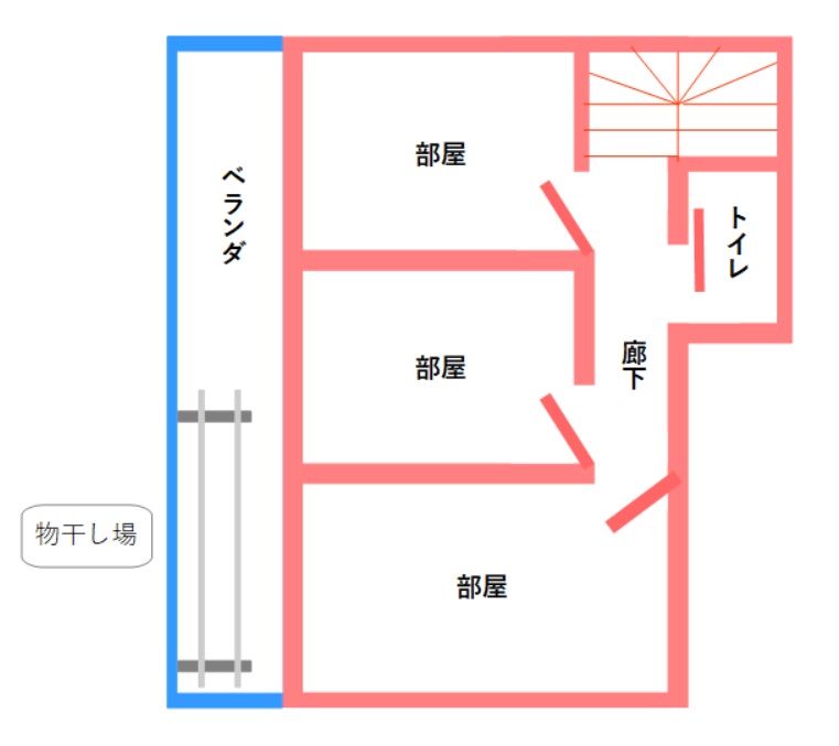 ２階の配置図とベランダの物干し台
